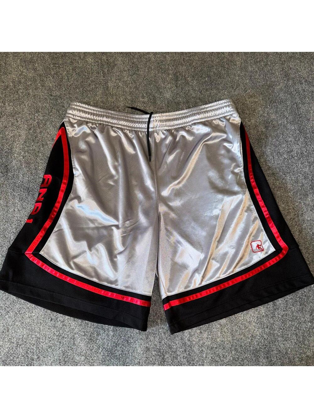 AND1 Grail Silver/Red Baggy Dazzle Hoop Shorts Mens 2XL Vtg y2k 90s Rare
